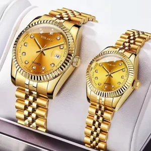 Golden Luxury Quartz Couple Watches Gold Bracelet Wrist Watches Full Steel Fashion Creative Female Male Clock Gift for Women Men