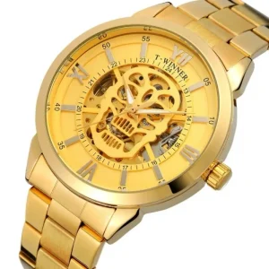 Golden Mens Mechanical Watch Stainless Steel Band Skeleton Casual Wrist Watch
