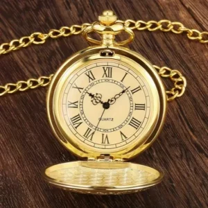 Golden Quartz Pocket Watch with Roman Numerals Alloy Chain Link Electronic Movement N2605024