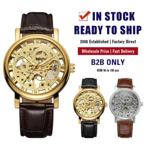 Golden Skeleton Men’s Leather Strap Custom Mechanical Watches Hand Winding Low MOQ OEM Fashion Watches