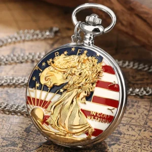Golden Statue of Liberty American Flag Design Quartz Pocket Watch Pendant Chain Clock Necklace Jewelry Gifts Watches