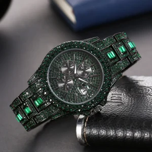 Green Blue Diamond Watch for Men Luxury Hip Hop Watch Unique Bling Ice Out Wristwatch Luminous Waterproof Clock