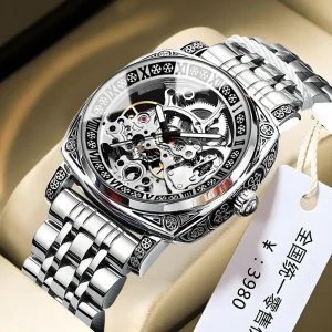 H1277 1277 Luxury Stainless Leather Strap Men’s Wrist Watch Hollow Out Fashion Automatic Mechanical Watches for Men Man