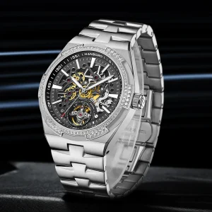 HANBORO Men’s Fully Automatic Mechanical Watch Luminous Waterproof Stainless Steel Band Glass Dial Window Pointer