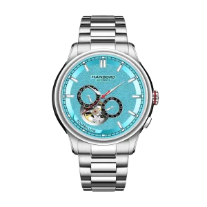 HANBORO Men’s Luxury Flywheel Watch Ice Blue Texture Dial Automatic Mechanical Luminous Stainless Steel Bracelet Multi Time
