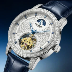 HANBORO Sirius Series Shanghai Automatic Men’s Watch Full Diamond Skeleton Sculpted Flywheel Sun Moon Stars Power Reserve