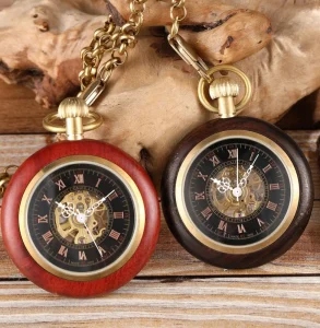 Hand Winding Men Red Wood Around Classic Vintage Men Fob Mechanical Pocket Watch