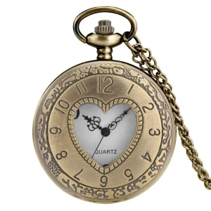 Heart Bronze Pocket Watch Long Necklace Unique Watches Nature Inspired Jewelry Large Pocket Watch
