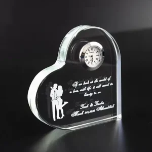 Heart Shaped Carved Etched Eco Friendly Crystal Clock 3D Laser Engraving Personalized Photo Frame For Gifts