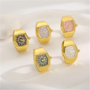 Hexagon Quartz Ring Watch Gold Silver Alloy Finger Watches Multi Color Dial Stainless Steel Elastic Band for Women Men