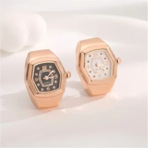 Hexagon Quartz Ring Watch Luxury Gold Silver Alloy Multi Color Dial Stainless Steel Elastic Band Engagement Wedding Women Men
