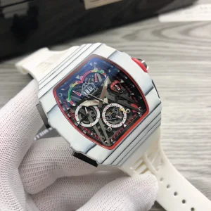 High End Luxury 3502 Watch White Carbon Fiber Case Skeleton Tourbillon Movement High Quality Rubber Strap Calendar Function