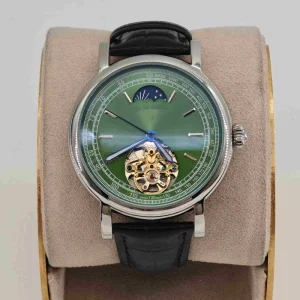 High End Mens Mechanical Watch Stainless Steel Case Moon Phase Feature Skeleton Movement Leather Band Luxury Man Wristwatch