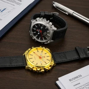 High Glossy Gold Case Leather Strap Date Quartz Men’s Wristwatch for Daily Business Casual Office Dating Occasions