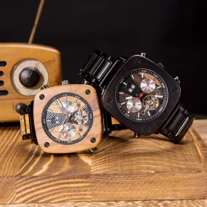High Grade Skeleton Wooden Watch with Date Handmade Automatic Natural Watches OEM and ODM Business Coin Typ