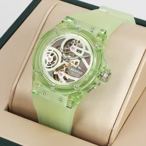 High Precision K9 Crystal Case Analog Dial Hangzhou Movement Luxury Automatic Mechanical Skeleton Watch Custom Logo OEM