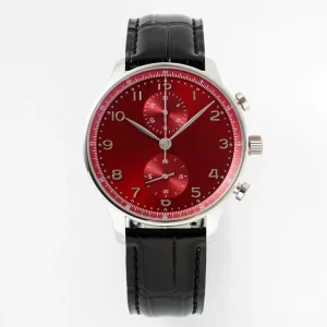 High-Precision Stainless Steel Case Mechanical Movement Chronograph Watch Red Dial Water Resistant Durable Black Leather Strap