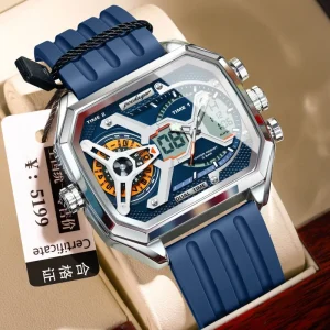 High-Precision Tonneau Chronograph Watch Red Pointer Stainless Steel Mechanical Movement Durable Black Leather Strap Dress
