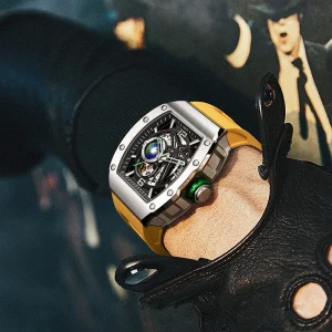 High Quality Design Mechanical Watch for Men Yellow Luminous Dial Automatic Movement Hollow Rubber Stainless Steel Case