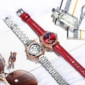 High Quality Diamond Studded Skeleton Mechanical Watch with Stainless Steel Strap Luxurious Ladies’ Fashion Automatic Wristwatch