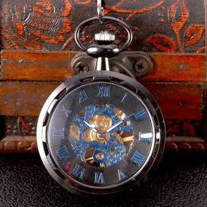 High Quality Fashion Pocket Watch Transparent Large Scale Blue Roman Mechanical Pocket Watch Skeleton Watch