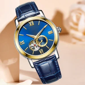 High Quality Unisex Mechanical Watch Leather Strap Skeleton Mechanical Dual Time Zone Dial Roman Numerals Minimalist Watch