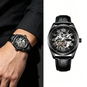 High Quality Waterproof Leather Band Skeleton Wristwatch Mechanical Movement Automatic Watches for Men