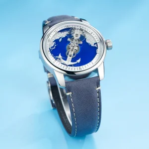High-end Navigator Self-Winding Automatic Watch Creative Map Blue Dial Leather Strap Mens Mechanical Wrist Watches JM-SS