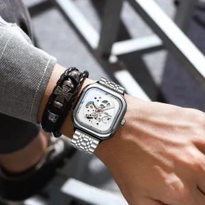 High-quality Men’s square Skeleton Mechanical Watch with Stainless Steel Strap Luxury and Stylish Business Automatic Wristwatch