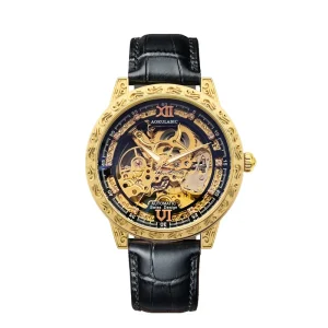 High quality Skeleton Engraved Automatic Watch with Genuine Leather Strap Luxurious Men’s Business Sports New Mechanical Watch