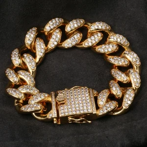 Hip Hop Baguette Zircon Cuban Chain Bracelet 22cm 18K Gold Plated Unisex Gift Jewelry