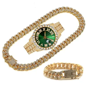 Hip-Hop Diamond-Encrusted Watch and Necklace Set Gold Plated Quartz Watch for Men Alloy Jewelry for Parties