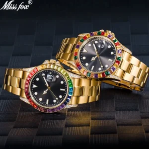 Hip Hop Diamond Stone Dial Watch Stainless Steel Japan Movements Quartz Watch Gold Rainbow Male Stones Watches
