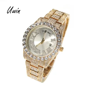 Hip Hop Fashion Quartz Watch Double Movement Large Round Diamond Waterproof Calendar Trend Women Men Watch
