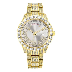 Hip Hop Fashion Quartz Watch Double Movement Large Round Diamond Waterproof Calendar Trend Women Men Watch