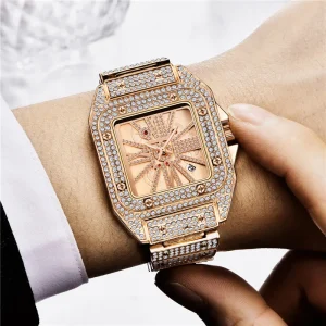 Hip Hop Square Skeleton Watch Men Luxury Fashion Quartz Watch Diamonds Waterproof Golden Steel