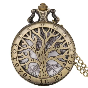 Hollow Pocket Watch with Tree of Life Design Vintage Bronze Pendant Necklace Antique Style Accessory with Chain Birthday Gift