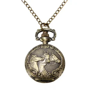 Horse engraved Vintage Pocket Watch Japan Movement Long chained Quartz Watch Bronze Plated Arabic Numerals Pocket Watch