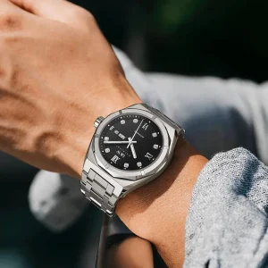 Hot I&W Automatic Watch Angular Case Roman Numeral Glass Crystal Diamond Markers for Display Stainless Steel Mechanical 50m
