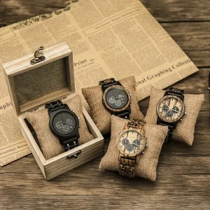 Hot Selling Multi Function Black Wood Watch Stainless Steel Auto Date Watches for Men