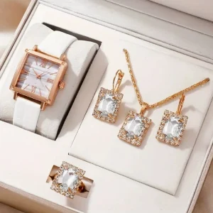 Hot Selling in Rhinestone Watch Women’s Fashion Quartz Watch With Square Gemstone Bracelet Jewelry Ring Earring Lady Fashion Set