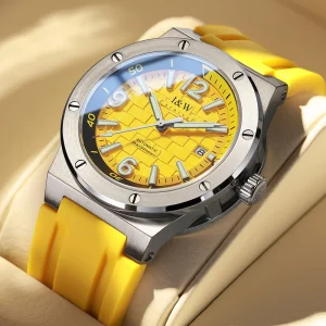 I&W Automatic Men’s Watch Bright Yellow Dial Luminous Markers Date Display Silicone Strap Sport Mechanical Watch