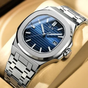 I&W Automatic Mens Watch Square Case Blue Gradient Dial Date Display Stainless Steel Band Business Mechanical Watch