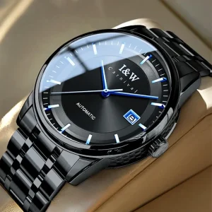 I&W Automatic Watch Black Case Blue Luminous Markers Black Dial Date Display Sapphire Crystal 50 Bar Water Mechanical