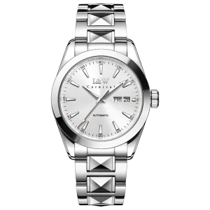 I&W Automatic Watch Pyramid Link Band Silver Dial Day and Date Display Stainless Steel Mechanical Watch