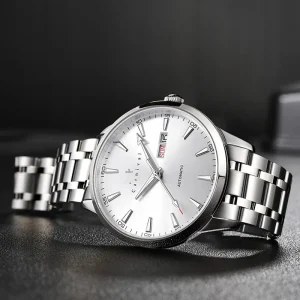 I&W Business Automatic Men’s Watch White Dial Day and Date Stainless Steel Band Mechanical Watch