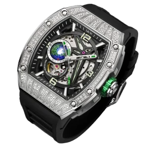 I&W Carnival Automatic Mens Watch Skeleton Dial Power Reserve Indicator Diamond Bezel Black Silicone Mechanical Watch