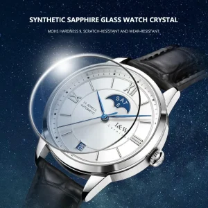 I&W Carnival Luxury Automatic Watch Moon Phase & Date Display Water Resistant Black Leather Strap Mechanical Watch