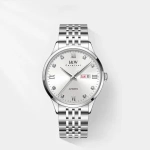 I&W Diamond Automatic Men Watch Day and Date Display Stainless Steel Band Business Mechanical Watch