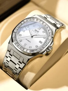 I&W Luxury Automatic Mens Watch Silver Dial Roman Numerals Diamond Bezel Date Stainless Steel Dress Mechanical Watch
